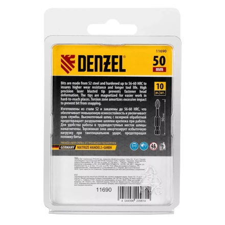 Бита IMPACT, PH3x50 мм, лазерная обработка шлица, сталь S2, 10 шт., Е 6,3 Denzel 11690 купить в Нягани