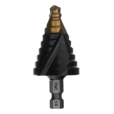 Сверло ступенчатое Denzel 723605, 9-12-15-18-21-24-27-30-33-36 мм, Р6М5, 6-гр. хвостовик купить в Нягани