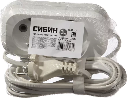 Удлинитель СИБИН электрический, ШВВП сечение 0,75кв мм, 2 гнезда, макс мощн 1300Вт, 3м 55091-3 купить в Нягани