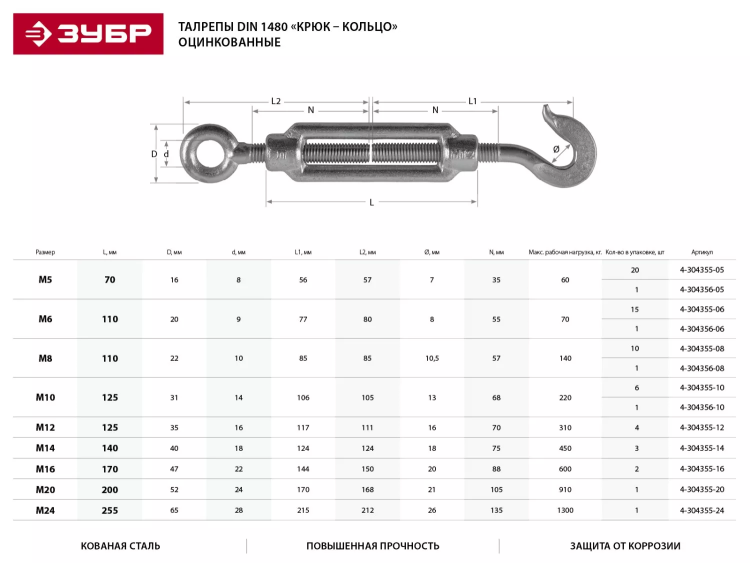 Талреп ЗУБР "ПРОФЕССИОНАЛ"  DIN 1480, крюк-кольцо, оцинкованный, кованая натяжная муфта, М14, 3 шт 4-304355-14 купить в Нягани