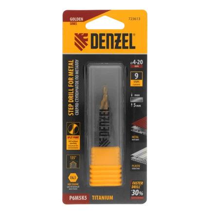 Сверло ступенчатое Denzel 723613, 4-6-8-10-12-14-16-18-20 мм, Р6М5К5, 6-гр. хвостовик купить в Нягани
