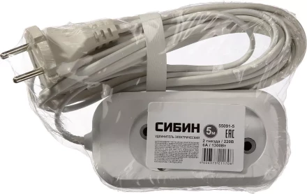 Удлинитель СИБИН электрический, ШВВП сечение 0,75кв мм, 2 гнезда, макс мощн 1300Вт, 5м 55091-5 купить в Нягани