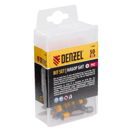 Бита PH2х25, сталь легированная S2, 20 шт., пластиковая коробка, , Е 6,3 Denzel 11681 купить в Нягани