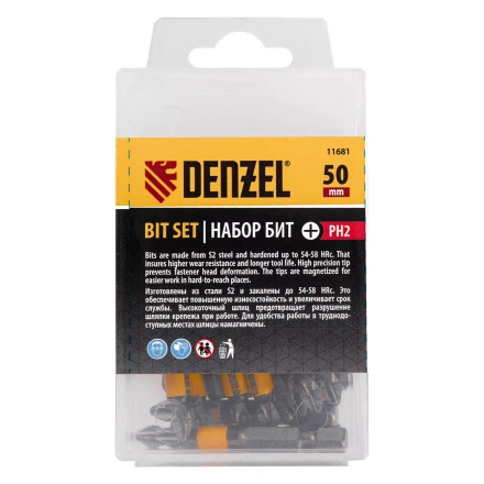 Бита PH2х25, сталь легированная S2, 20 шт., пластиковая коробка, , Е 6,3 Denzel 11681 купить в Нягани