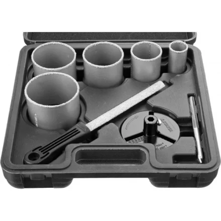 Набор STAYER &quot;PROFESSIONAL&quot;: Коронки с основанием и центровочным сверлом, напильник, d=33, 53, 67, 73, 83мм, 8предм 33345-H8 купить в Нягани