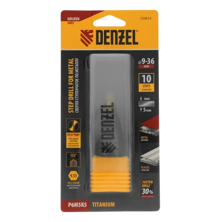 Сверло ступенчатое Denzel 723615, 9-12-15-18-21-24-27-30-33-36 мм, Р6М5К5, 6-гр. хвостовик купить в Нягани