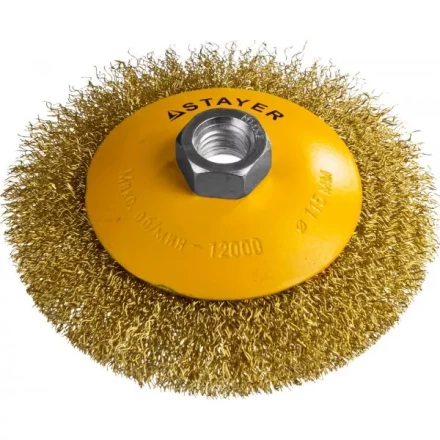STAYER &quot;PROFESSIONAL&quot;. Щетка коническая для УШМ, витая стальная латунированная проволока 0,3мм, 115ммхМ14 35133-115 купить в Нягани