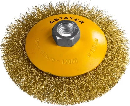 STAYER &quot;PROFESSIONAL&quot;. Щетка коническая для УШМ, витая стальная латунированная проволока 0,3мм, 115ммхМ14 35133-115 купить в Нягани