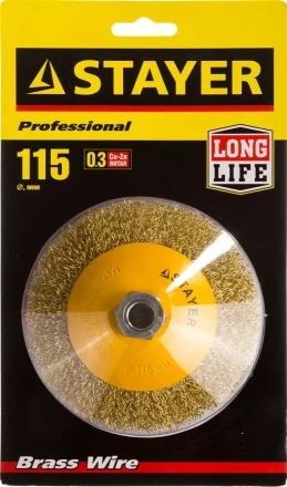 STAYER &quot;PROFESSIONAL&quot;. Щетка коническая для УШМ, витая стальная латунированная проволока 0,3мм, 115ммхМ14 35133-115 купить в Нягани