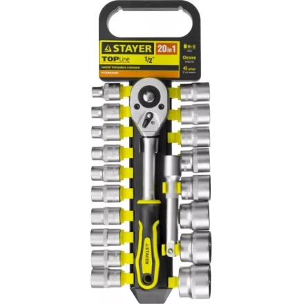 Набор STAYER &quot;STANDARD&quot;: Торцовые головки (1/2&quot;) на пластиковом рельсе, трещотка, удлинитель, 8-32мм, 20 предметов 27750-H20 купить в Нягани