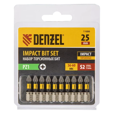 Бита IMPACT, PZ1x25 мм, лазерная обработка шлица, сталь S2, 10 шт., Е 6,3 Denzel 11686 купить в Нягани