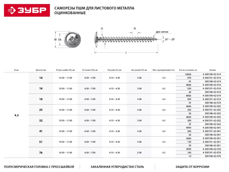 Саморезы ЗУБР с прессшайбой по листовому металлу до 0,9мм, PH2, 4,2х19мм, ТФ1, 450шт 4-300191-42-019 купить в Нягани