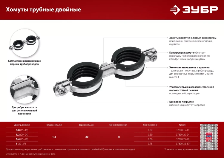 ЗУБР 3/8, цинк, 8 шт, двойной трубный хомут (37890-15-19) купить в Нягани
