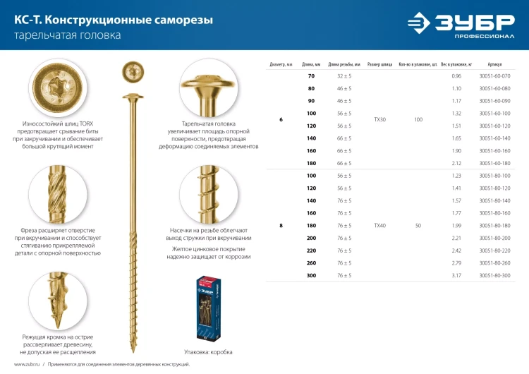 ЗУБР КС-Т, 300 х 8.0 мм, TX40, тарельчатая головка, желтый цинк, 50 шт, конструкционный саморез, Профессионал (30051-80-300) купить в Нягани