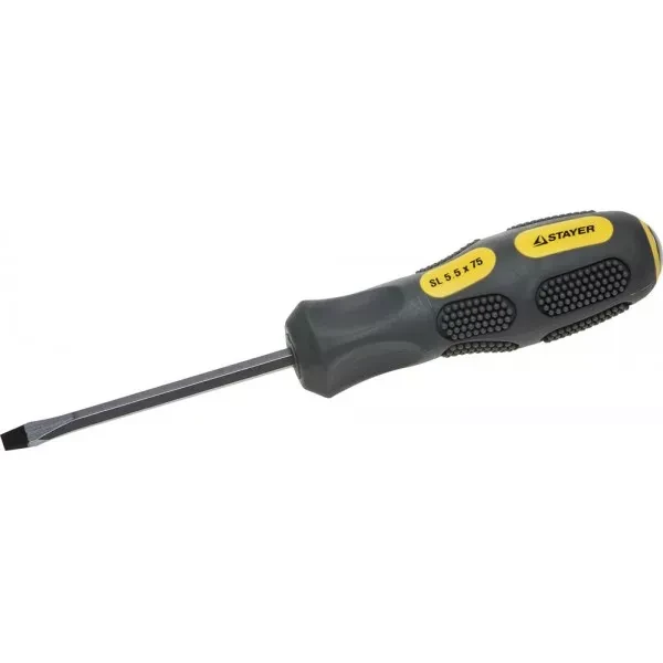 Отвертка STAYER "PROFESSIONAL" "MAX-GRIP" ударная, двухкомпонентная рукоятка, магнит наконечник, Cr-V, SL 5,5x75мм 25823-05-075 G купить в Нягани
