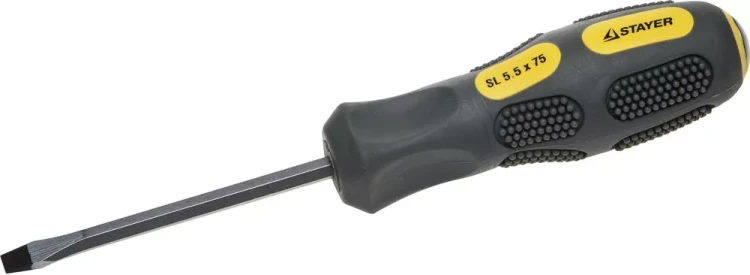Отвертка STAYER "PROFESSIONAL" "MAX-GRIP" ударная, двухкомпонентная рукоятка, магнит наконечник, Cr-V, SL 5,5x75мм 25823-05-075 G купить в Нягани