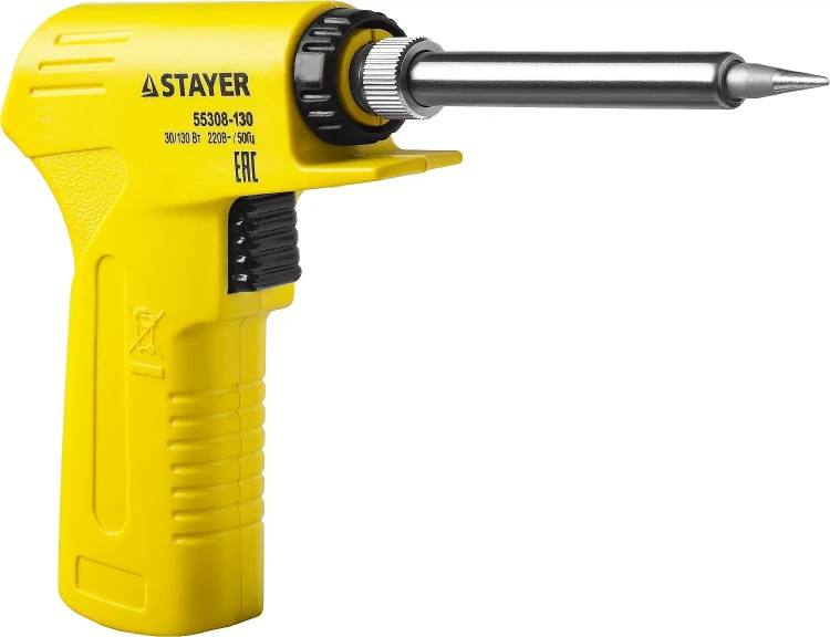 Паяльник с пистолетной пластмассовой рукояткой, STAYER "PROFI" PROTerm, 55308-130, 30 - 130 Вт, с керамическим нагревательным элементом 55308-130 купить в Нягани