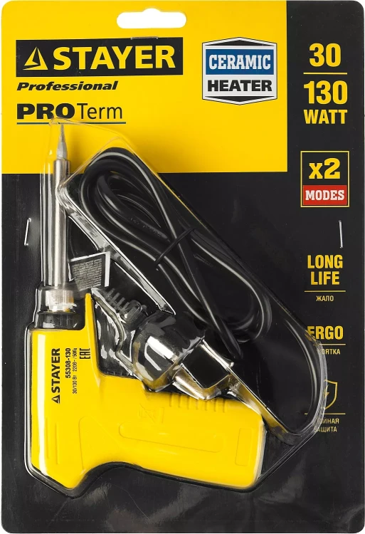 Паяльник с пистолетной пластмассовой рукояткой, STAYER "PROFI" PROTerm, 55308-130, 30 - 130 Вт, с керамическим нагревательным элементом 55308-130 купить в Нягани