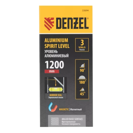 Уровень алюминиевый Denzel 33694, магнит, фрезерованный, 3 глазка (1 зеркал.), 0,5 мм/м, 1200 мм купить в Нягани