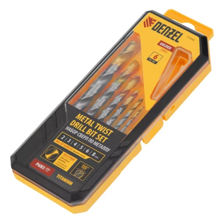 Набор сверл по металлу Denzel, 2-8мм, Р6М5-TiN, Golden Tip, 6 шт, 723000 купить в Нягани