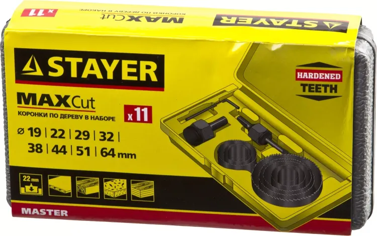 Набор STAYER "MASTER": Коронки по дереву, d=11, 22, 29, 32, 35, 38, 44, 51, 64мм, 11шт 29600-H11 купить в Нягани