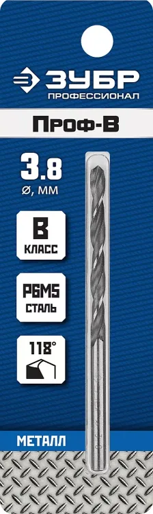 ЗУБР ПРОФ-В, 3.8 х 75 мм, сталь Р6М5, класс В, сверло по металлу, Профессионал (29621-3.8) купить в Нягани