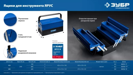 ЗУБР ЯРУС-5/17, 430 х 210 х 205 мм, (17), Металлический раздвижной ящик для инструментов, Профессионал (38356-17) купить в Нягани