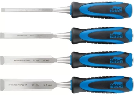 Набор долот-стамесок плоских 4шт 8-12-18-24 мм двухкомпонентная рукоятка металлический затыльник БАРС 24452 купить в Нягани