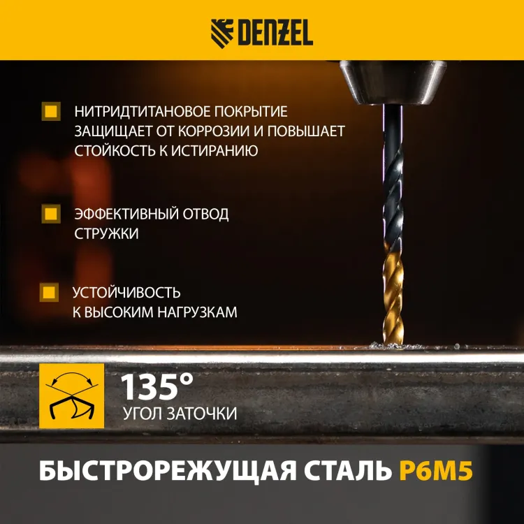 Набор сверл по металлу Denzel 723003, 1-10 мм, Р6М5-TiN, Golden Tip, 19 шт купить в Нягани