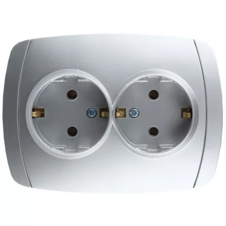 Розетка СВЕТОЗАР &quot;АКЦЕНТ&quot; двойная в сборе, с заземлением, цвет серебристый металлик, 16А/~250В SV-54207-SM купить в Нягани