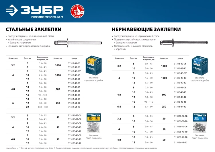 ЗУБР 3.2 x 10 мм, 50 шт, нержавеющие заклепки, Профессионал (313166-32-10) купить в Нягани