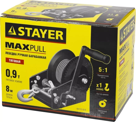 Лебедка ручная барабанная STAYER &quot;MASTER&quot;, тяговая, тросовая, 0,9т, 8м 43112-0.9 купить в Нягани