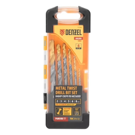Набор сверл по металлу Denzel, 2-8мм, Р6М5К8-TiN, Golden Tip, 6 шт 723004 купить в Нягани