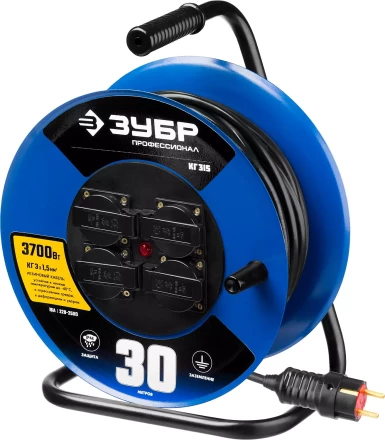Удлинитель на катушке &quot;КГ 315&quot;, 30 м, 3700 Вт, 4 гнезда, IP44, КГ 3х1,5 кв мм, ЗУБР 55080-30 купить в Нягани
