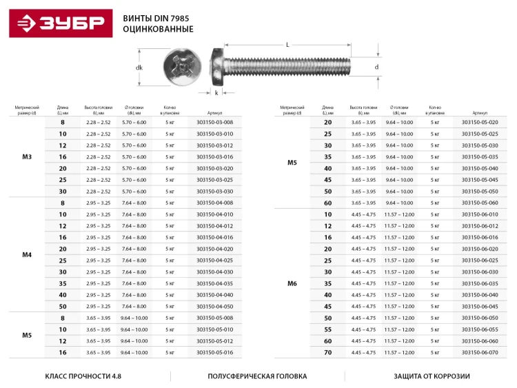 Винт ЗУБР "МАСТЕР" DIN 7985, класс прочности 4.8, оцинкованный, M5x8мм, 5кг 303150-05-008 купить в Нягани
