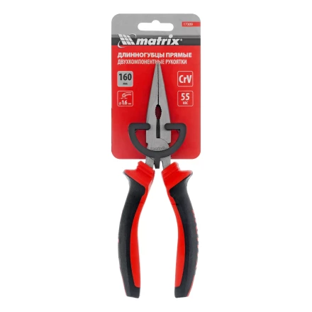 Длинногубцы прямые Matrix, 160 мм, хром-ванадий, двухкомпонентные рукоятки, 17309 купить в Нягани