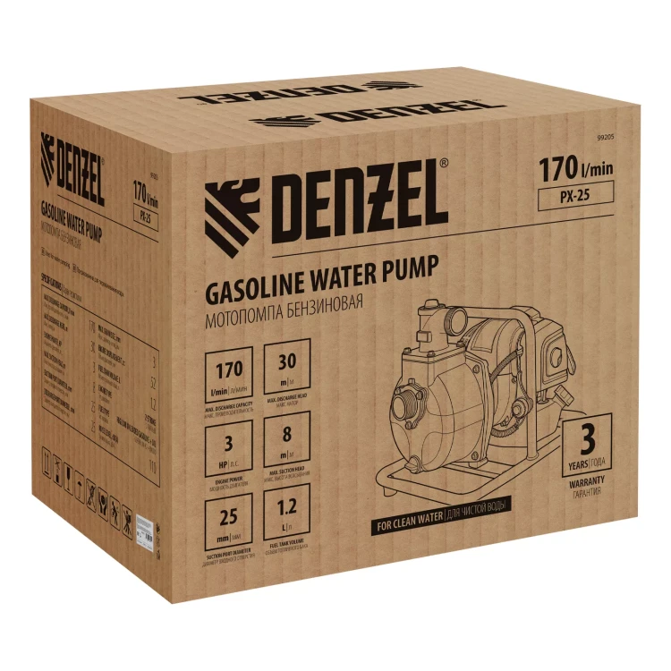 Мотопомпа бензиновая для чистой воды Denzel PX-25, 52 см3, 1", 170 л/мин, глуб 8 м, напор 30 м 99205 купить в Нягани