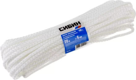 Шнур вязаный полипропиленовый СИБИН с сердечником, белый, длина 20 метров, диаметр 6 мм 50256 купить в Нягани