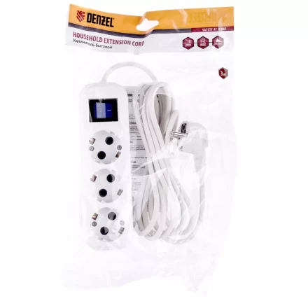 Удлинитель бытовой с заземлением и выключателем 3 м 3 розетки 10 A серия УХз10 Denzel 95971 купить в Нягани