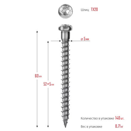 ЗУБР СПК, 60 х 5 мм, TX20, цинк, 140 шт, саморез для перфорированного крепежа, Профессионал (30061-50-60) купить в Нягани