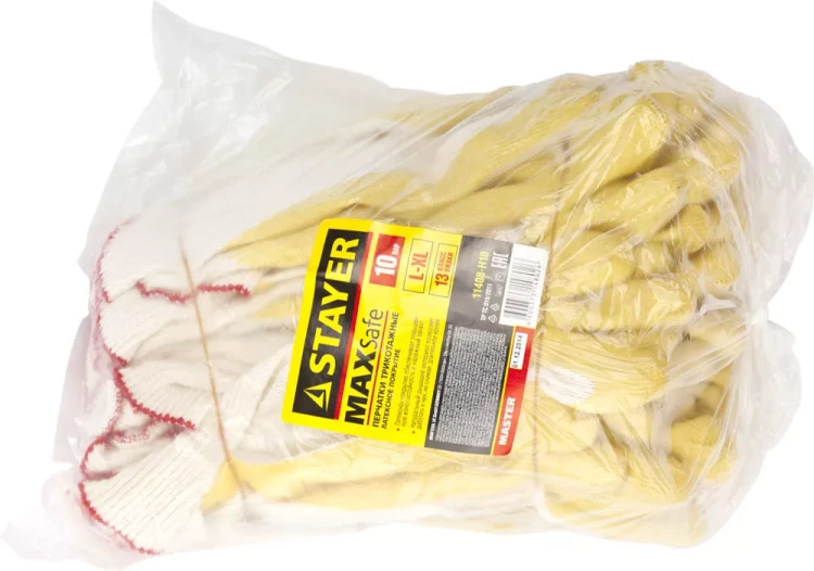 Перчатки STAYER "МASTER" MaxSafe трикотажные, обливная ладонь из латекса, х/б, 13 класс, L-XL, 10 пар 11408-H10 купить в Нягани
