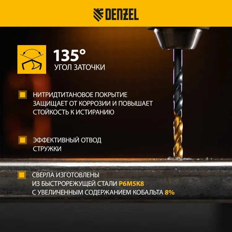 Набор сверл по металлу Denzel 723008, 1-10 мм, Р6М5К8-TiN, Golden Tip, 19 шт купить в Нягани