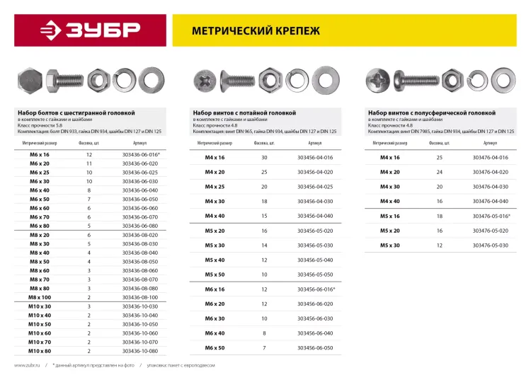 Винт (DIN965) в комплекте с гайкой (DIN934), шайбой (DIN125), шайбой пруж. (DIN127), M5 x 20 мм, 16 шт, ЗУБР 303456-05-020 купить в Нягани