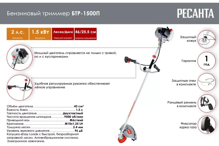 Триммер бензиновый Ресанта БТР-1500П 70/2/37 купить в Нягани