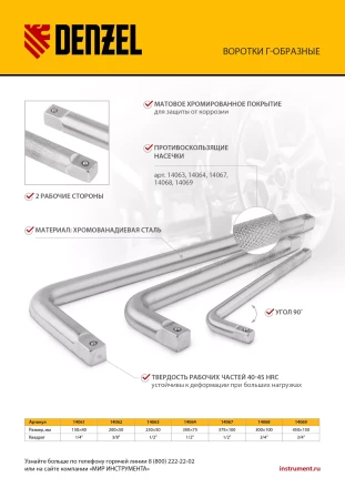 Вороток Г-образный, 250*50 мм, квадрат 1/2&quot;, CrV, матовый хром Denzel 14063 купить в Нягани