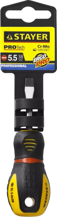 Отвертка STAYER "PROFESSIONAL" "PROTech", двухкомп рукоятка, намагниченная, Cr-Mo, SL5,5x38мм 25131-05-38_z02 купить в Нягани