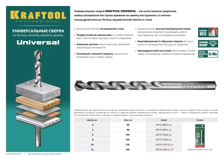 Сверло &quot;UNIVERSAL&quot; по бетону, металлу, дереву, KRAFTOOL PROFESSIONAL 29172-090-5, 5 х 90 мм 29172-090-5_z01 купить в Нягани
