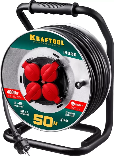 Силовые удлинители на стальной катушке HEAVY DUTY 4.0, кабель КГ 3х2,5 кв мм 55086-50