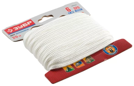 Шнур ЗУБР полиамидный, плетеный, повышенной нагрузки, без сердечника, белый, d 6, 20м 50320-06-020 купить в Нягани