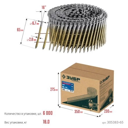 ЗУБР CNW 65 х 2.8 мм, барабанные гвозди рифленые оцинкованные, 6000 шт (305383-65) купить в Нягани